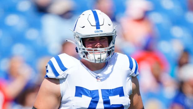 Aug 13, 2022; Orchard Park, New York, USA; Indianapolis Colts guard Will Fries (75) prior to the game against the Buffalo Bills at Highmark Stadium. Mandatory Credit: Gregory Fisher-USA TODAY Sports